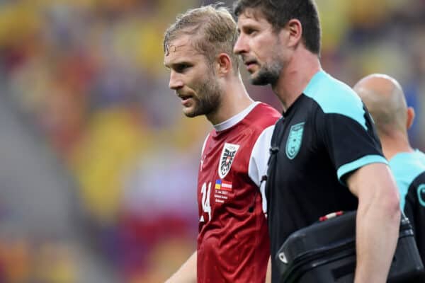 BUCHAREST, ROMANIA - JUNE 21: Konrad Laimer of Austria looks on as he makes his way off the pitch after being substituted during the UEFA Euro 2020 Championship Group C match between Ukraine and Austria at National Arena on June 21, 2021 in Bucharest, Romania. (Photo by Alex Caparros - UEFA)