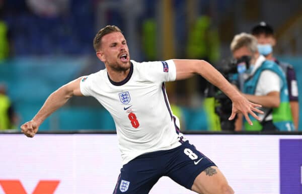 ROME, ITALY - JULY 03: England's Jordan Henderson celebrates after scoring the fourth goal during the UEFA Euro 2020 Championship Quarter-final match between Ukraine and England at Olimpico Stadium on July 03, 2021 in Rome, Italy. (Photo by Chris Ricco - UEFA)