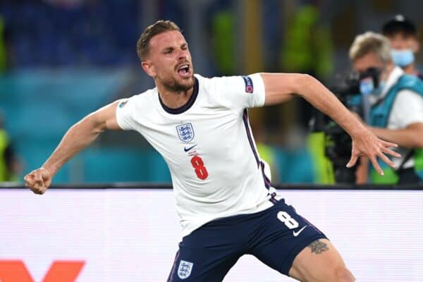 ROME, ITALY - JULY 03: Jordan Henderson of England celebrates after scoring their side's fourth goal during the UEFA Euro 2020 Championship Quarter-final match between Ukraine and England at Olimpico Stadium on July 03, 2021 in Rome, Italy. (Photo by Chris Ricco - UEFA)