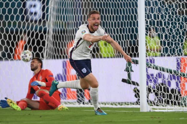 ROME, ITALY - JULY 03: England's Jordan Henderson celebrates after scoring the fourth goal during the UEFA Euro 2020 Championship Quarter-final match between Ukraine and England at Olimpico Stadium on July 03, 2021 in Rome, Italy. (Photo by Chris Ricco - UEFA)