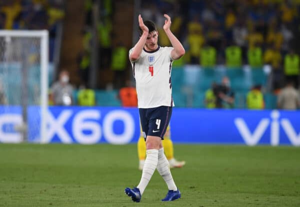 ROME, ITALY - JULY 03: England's Declan Rice during the UEFA Euro 2020 Championship Quarter-final match between Ukraine and England at Olimpico Stadium on July 03, 2021 in Rome, Italy. (Photo by Chris Ricco - UEFA)