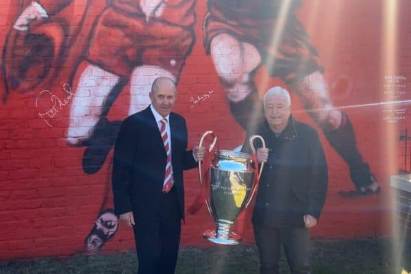 Phil Neal and Ian Callaghan holding European Cup in front of Ian Callaghan and Phil Neal mural, Randolph Street, April 20, 2023