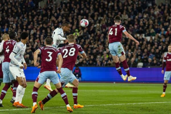 LONDON, ENGLAND - Wednesday, April 26, 2023: Liverpool's Joël Matip scores the second goal during the FA Premier League match between West Ham United FC and Liverpool FC at the London Stadium. (Pic by David Rawcliffe/Propaganda)