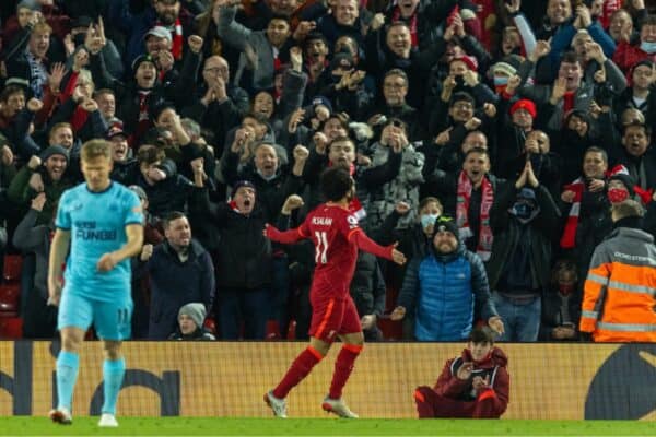 LIVERPOOL, ENGLAND - Thursday, December 16, 2021: Liverpool's Mohamed Salah celebrates after scoring the second goal during the FA Premier League match between Liverpool FC and Newcastle United FC at Anfield. Liverpool won 3-1. (Pic by David Rawcliffe/Propaganda)