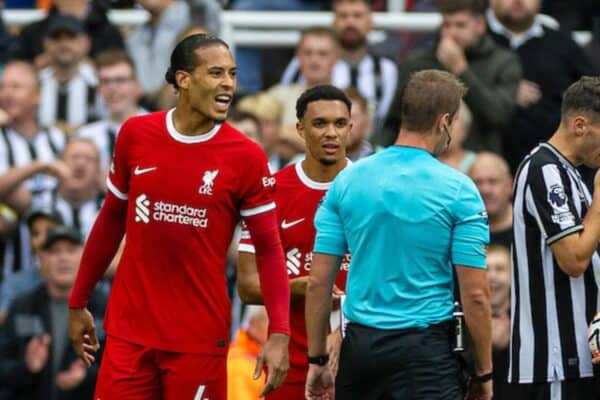 NEWCASTLE-UPON-TYNE, ENGLAND - Sunday, August 27, 2023: Liverpool's captain Virgil van Dijk walks off after being is shown a red card and sent off during the FA Premier League match between Newcastle United FC and Liverpool FC at St James' Park. (Pic by David Rawcliffe/Propaganda)