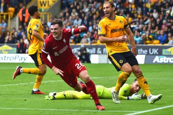 2RW1XT6 Liverpool's Andrew Robertson celebrates after scoring his side's second goal during the English Premier League soccer match between Wolverhampton and Liverpool at the Molineux stadium in Wolverhampton, England, Saturday, Sept. 16, 2023. (AP Photo/Rui Vieira)