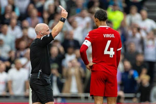 LONDON, ENGLAND - Saturday, September 30, 2023: Liverpool's Curtis Jones walks off after being shown a red card and sent off during the FA Premier League match between Tottenham Hotspur FC and Liverpool FC at the Tottenham Hotspur Stadium. (Pic by David Rawcliffe/Propaganda)