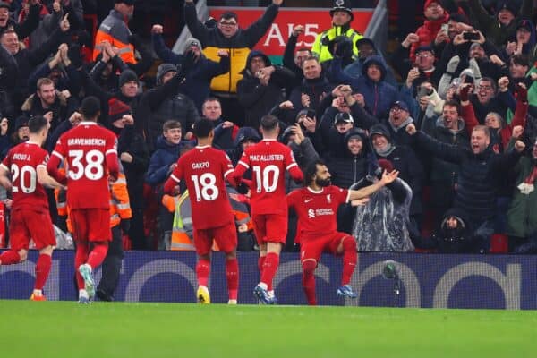 LIVERPOOL, ENGLAND - Monday, January 1, 2024: Mohamed Salah celebrates his goal during the FA Premier League match between Liverpool FC and Newcastle United FC at Anfield. (Photo by David Rawcliffe/Propaganda)