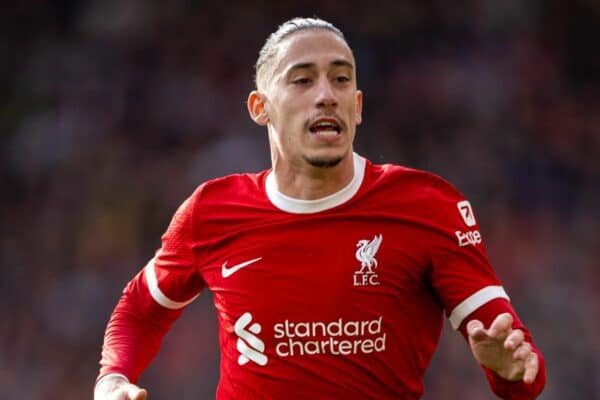 LIVERPOOL, ENGLAND - Saturday, October 21, 2023: Liverpool's Kostas Tsimikas during the FA Premier League match between Liverpool FC and Everton FC, the 243rd Merseyside Derby, at Anfield. Liverpool won 2-0. (Photo by David Rawcliffe/Propaganda)
