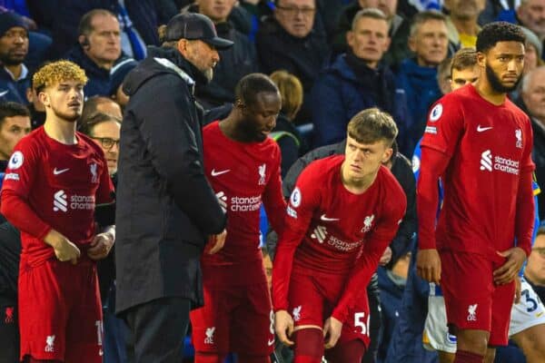 BRIGHTON & HOVE, ENGLAND - Saturday, January 14, 2023: Liverpool make four substitutes as Harvey Elliott, Naby Keita, Ben Doak and Joe Gomez come on during the FA Premier League match between Brighton & Hove Albion FC and Liverpool FC at the Falmer Stadium. (Pic by David Rawcliffe/Propaganda)