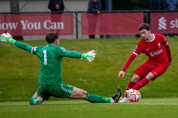 LIVERPOOL, ENGLAND - Monday, August 14, 2023: Liverpool's Mateusz Musialowski scores the opening goal during the Premier League 2 Division 1 match between Liverpool FC Under-21's and Everton FC Under-21's, the Mini-Merseyside Derby, at the Liverpool Academy. (Pic by Jessica Hornby/Propaganda)