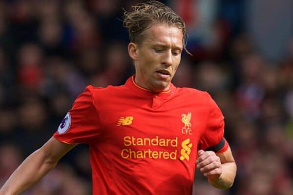 LIVERPOOL, ENGLAND - Saturday, April 1, 2017: Liverpool's Lucas Leiva in action against Everton during the FA Premier League match, the 228th Merseyside Derby, at Anfield. (Pic by David Rawcliffe/Propaganda)