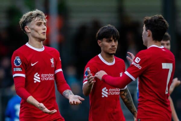 LIVERPOOL, ENGLAND - Monday, August 14, 2023: Liverpool's Mateusz Musialowski (R) celebrates scoring the opening goal with team-mate Bobby Clark during the Premier League 2 Division 1 match between Liverpool FC Under-21's and Everton FC Under-21's, the Mini-Merseyside Derby, at the Liverpool Academy. (Pic by Jessica Hornby/Propaganda)