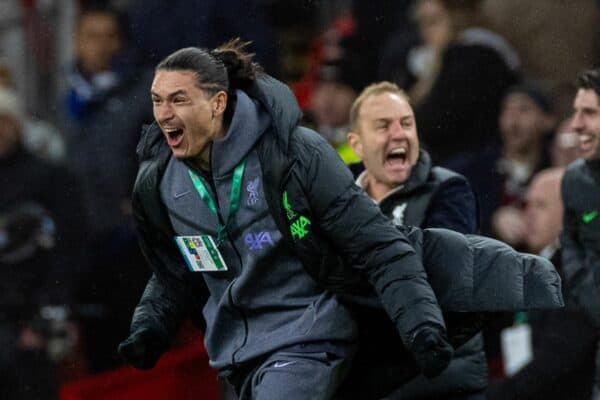 LONDON, ENGLAND - Sunday, February 25, 2024: Liverpool's Darwin Núñez runs onto the pitch to celebrate during the Football League Cup Final match between Chelsea FC and Liverpool FC at Wembley Stadium. Liverpool won 1-0 after extra-time. (Photo by David Rawcliffe/Propaganda)