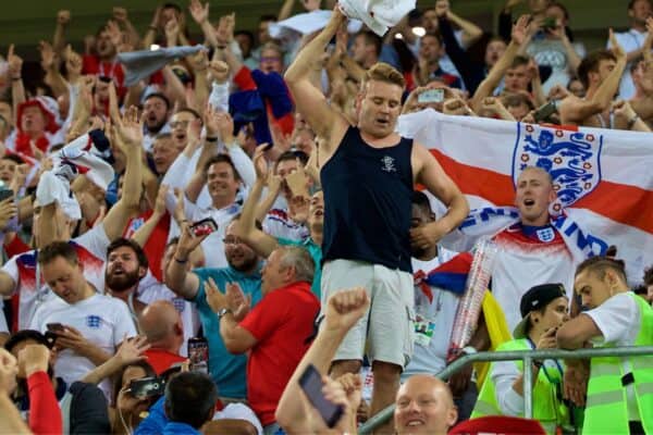 MOSCOW, RUSSIA - Tuesday, July 3, 2018: England supporters celebrate after the penalty shoot-out victory over Colombia during the FIFA World Cup Russia 2018 Round of 16 match between Colombia and England at the Spartak Stadium. (Pic by David Rawcliffe/Propaganda)