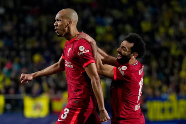 VILLARREAL, SPAIN - MAY 03: Fabinho celebrates with Mohamed Salah of Liverpool after scoring their team's first goal during the UEFA Champions League Semi Final Leg Two match between Villarreal and Liverpool at Estadio de la Ceramica on May 03, 2022 in Villarreal, Spain. (UEFA)