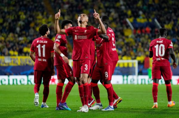 VILLARREAL, SPAIN - MAY 03: Fabinho of Liverpool celebrates after scoring their team's first goal during the UEFA Champions League Semi Final Leg Two match between Villarreal and Liverpool at Estadio de la Ceramica on May 03, 2022 in Villarreal, Spain. (Photo by Aitor Alcalde - UEFA/UEFA via Getty Images)