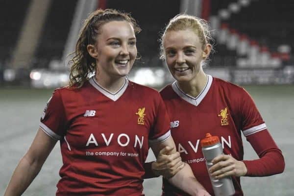 Caroline Weir (left) and Sophie Ingle of Liverpool Ladies after the Liverpool Ladies v Bristol City Women WSL game at Select Security Stadium on January 27, 2018 in Widnes, England. (Photo by Nick Taylor/Liverpool FC/Liverpool FC via Getty Images)