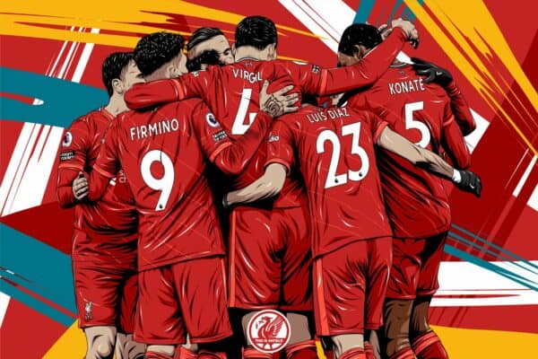 Illustration of Liverpool players in a team huddle 2021/22