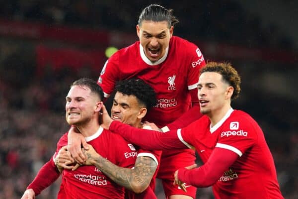 Liverpool's Alexis Mac Allister, left, celebrates with teammates after scoring his side's second goal during the English Premier League soccer match between Liverpool and Sheffield United at the Anfield stadium in Liverpool, England, Thursday, Apr. 4, 2024. (AP Photo/Jon Super)