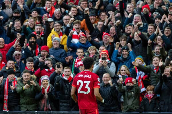 LIVERPOOL, ENGLAND - Saturday, February 19, 2022: Liverpool's Luis Díaz celebrates after scoring the third goal during the FA Premier League match between Liverpool FC and Norwich City FC at Anfield. (Pic by David Rawcliffe/Propaganda)