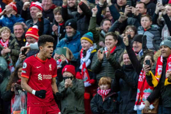 LIVERPOOL, ENGLAND - Saturday, February 19, 2022: Liverpool's Luis Díaz celebrates after scoring the third goal during the FA Premier League match between Liverpool FC and Norwich City FC at Anfield. (Pic by David Rawcliffe/Propaganda)