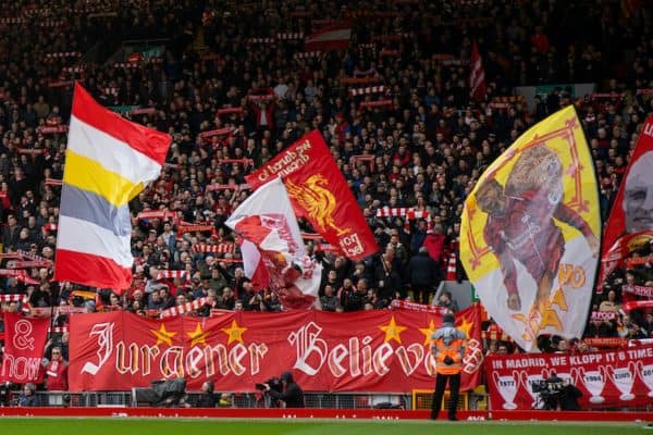 LIVERPOOL, ENGLAND - Saturday, March 7, 2020: Liverpool supporters on the Spion Kop before the FA Premier League match between Liverpool FC and AFC Bournemouth at Anfield. (Pic by David Rawcliffe/Propaganda)