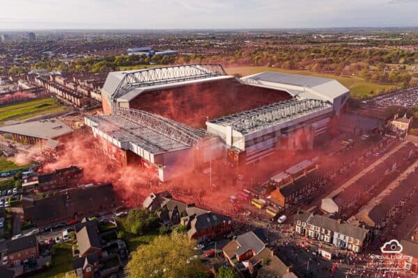 Anfield, aerial view, Liverpool Premier League Champions 2025 (Image: Stratus Imagery)