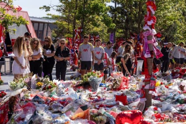 In this handout image provided by Liverpool FC, players of Liverpool Football Club at the memorial of teammate Diogo Jota at Anfield on July 11, 2025 in Liverpool, England. The Liverpool player and Portugal international Diogo Jota, 28, was killed in a car crash on July 03 in Zamora, Spain. He was travelling with his brother Andre Silva before returning to the UK for the start of the Premier League season. (Photo by Liverpool FC - Handout/Liverpool FC via Getty Images)