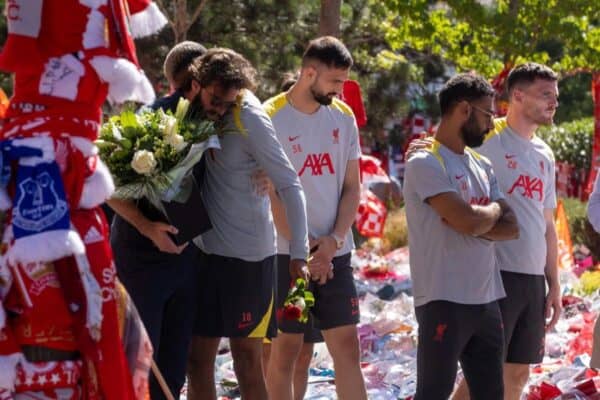 In this handout image provided by Liverpool FC, players of Liverpool Football Club at the memorial of teammate Diogo Jota at Anfield on July 11, 2025 in Liverpool, England. The Liverpool player and Portugal international Diogo Jota, 28, was killed in a car crash on July 03 in Zamora, Spain. He was travelling with his brother Andre Silva before returning to the UK for the start of the Premier League season. (Photo by Liverpool FC - Handout/Liverpool FC via Getty Images)