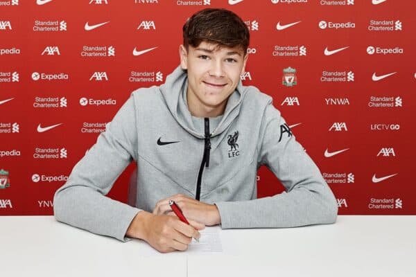 Liverpool FC player Luke Chambers signs his contract at the Axa Training Centre, 02/07/21. Photo: Nick Taylor/LFC