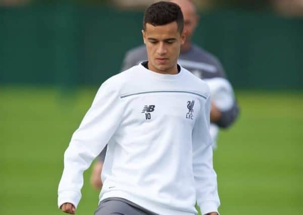 LIVERPOOL, ENGLAND - Wednesday, September 30, 2015: Liverpool's Philippe Coutinho Correia during a training session at Melwood Training Ground ahead of the UEFA Europa League Group Stage Group B match against FC Sion. (Pic by David Rawcliffe/Propaganda)