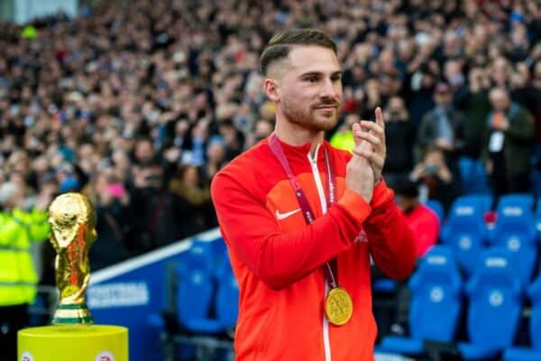 2M90NC7 Brighton's Alexis Mac Allister with World Cup winners medal and replica cup acknowledges fans before the Brighton v Liverpool game 14th January 2023