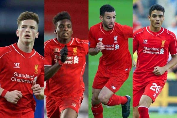 Liverpool's potential debutants tonight: (L-R) Ryan Kent, Sheyi Ojo, Kevin Stewart and Tiago Ilori. (Photos via David Rawcliffe / Propaganda)