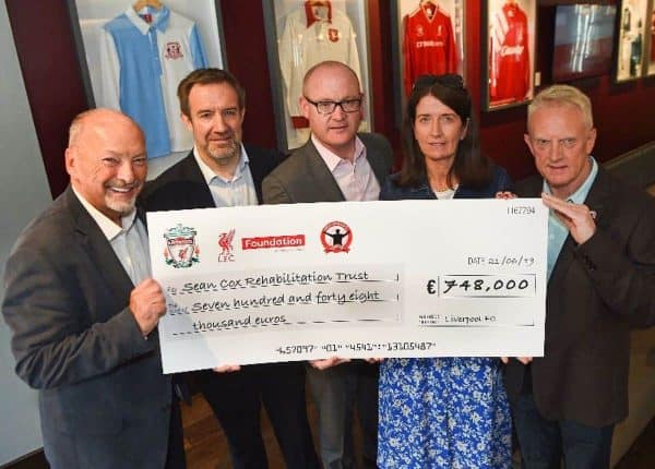 From left to right: Peter Moore (Chief Executive Officer of Liverpool Football Club), Matt Parish (Director of the Liverpool FC Foundation), Stephen Felle (Chairman of the Sean Cox Rehabilitation Trust) and Joe Blott (Chair of the Spirit of Shankly) (Credit: Liverpool FC)