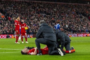 LIVERPOOL, ENGLAND - Wednesday, January 31, 2024: Liverpool's Diogo Jota lies injured during the FA Premier League match between Liverpool FC and Chelsea FC at Anfield. Liverpool won 4-1. (Photo by David Rawcliffe/Propaganda)