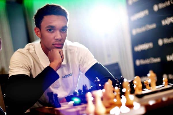 Alexander-Arnold pictured during the match against Carlsen (Anthony Devlin/PA)