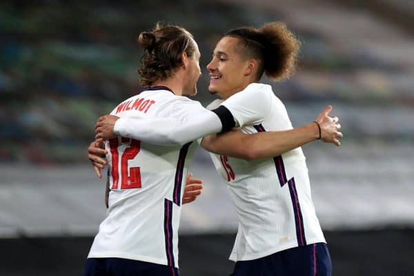 England’s Ben Wilmot (left) celebrates his goal with Rhys Williams (Mike Egerton/PA)