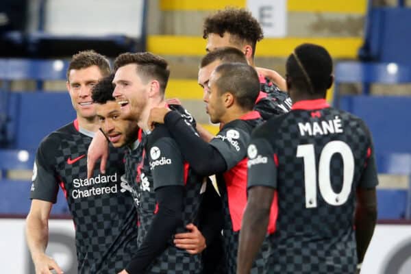 Liverpool's Alex Oxlade-Chamberlain celebrates scoring the third goal during the Premier League match at Turf Moor, Burnley. Picture date: Wednesday May 19, 2021.