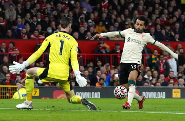 Liverpool's Mohamed Salah (right) scores their side's fifth goal of the game, completing his hat-trick, during the Premier League match at Old Trafford, Manchester. Picture date: Sunday October 24, 2021.