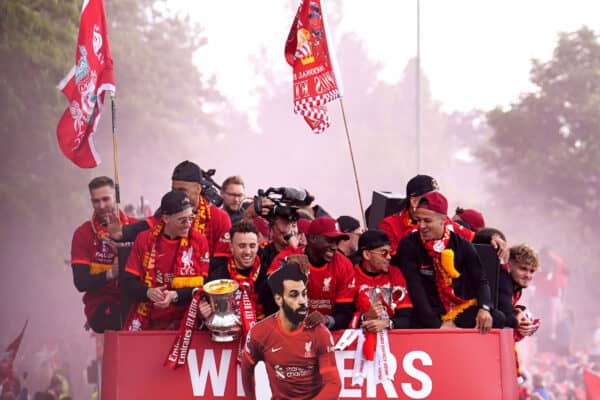 Liverpool players hold a cardboard cut-out of Mohamed Salah on an open-top bus during the trophy parade in Liverpool. Picture date: Sunday May 29, 2022.