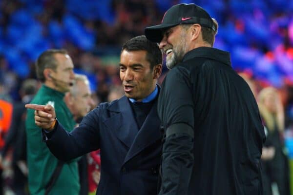 Giovanni van Bronckhorst, left, saw his side well beaten by Jurgen Klopp’s Liverpool (Peter Byrne/PA)