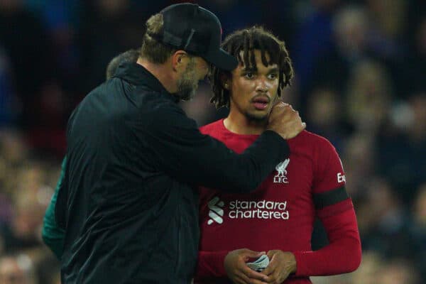 Liverpool manager Jurgen Klopp (left) speaks with Trent Alexander-Arnold during the UEFA Champions League, Group A match at Anfield, Liverpool. Picture date: Tuesday October 4, 2022.