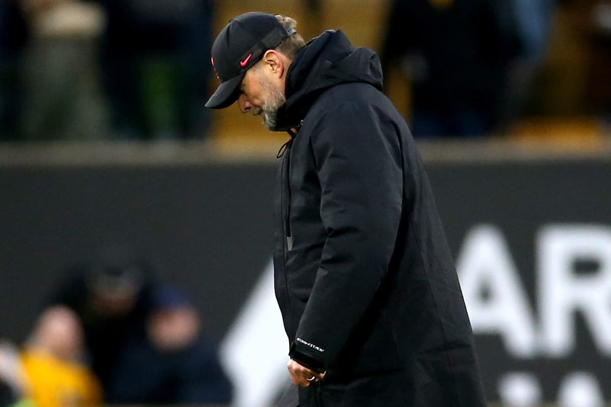 Liverpool manager Jurgen Klopp appears dejected at the end of the Premier League match at Molineux Stadium, Wolverhampton. Picture date: Saturday February 4, 2023.