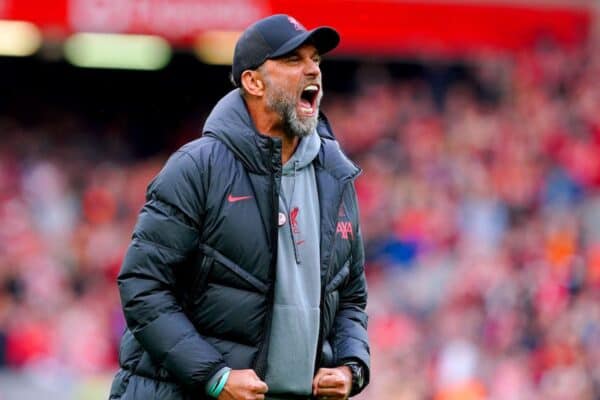 Jurgen Klopp celebrated his side’s thrilling win against Tottenham in front of the Kop (Peter Byrne/PA)