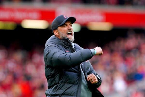 Jurgen Klopp celebrated his side’s thrilling win against Tottenham in front of the Kop (Peter Byrne/PA)