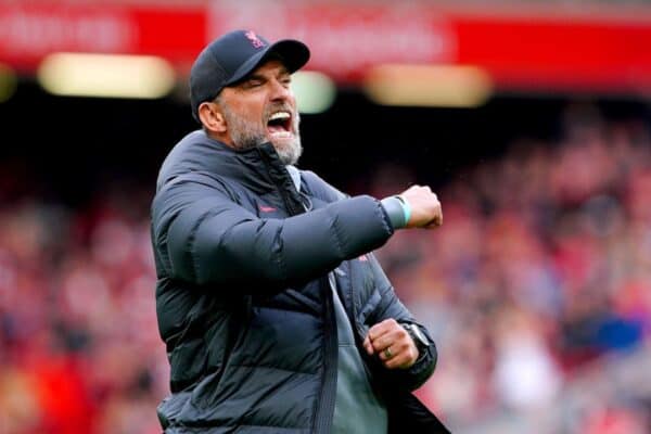 Jurgen Klopp celebrated his side’s thrilling win against Tottenham in front of the Kop (Peter Byrne/PA)