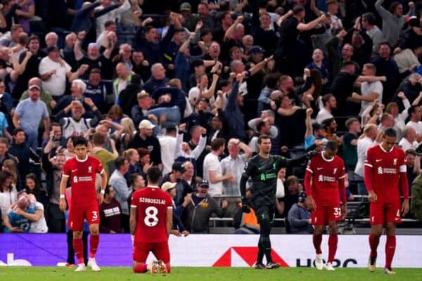 Liverpool's Wataru Endo, Dominik Szoboszlai, Alisson Becker, Joel Matip and Virgil van Dijk react after Matip's own goal Tottenham Liverpool September 30, 2023