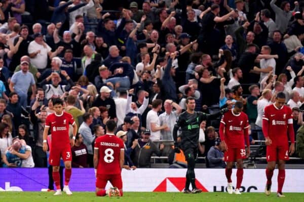 Liverpool's Wataru Endo, Dominik Szoboszlai, Alisson Becker, Joel Matip and Virgil van Dijk react after Matip's own goal Tottenham Liverpool September 30, 2023