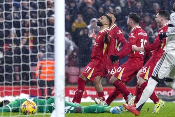 Mohamed Salah scores for Liverpool vs. Manchester United 2024/25 Anfield (Peter Byrne/PA)